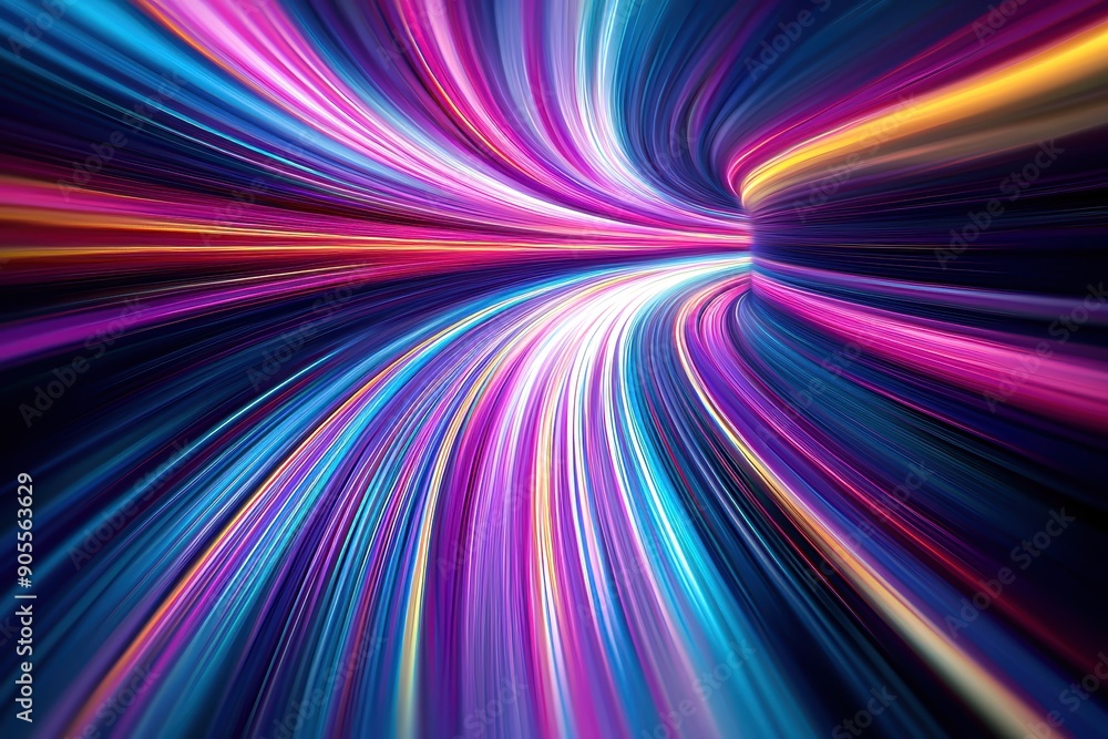 Poster an abstract depiction of a neon light speed tunnel with vibrant colors and dynamic motion.