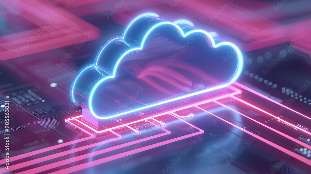 Poster futuristic neon cloud computing concept with glowing digital circuits on a high-tech, modern backgro