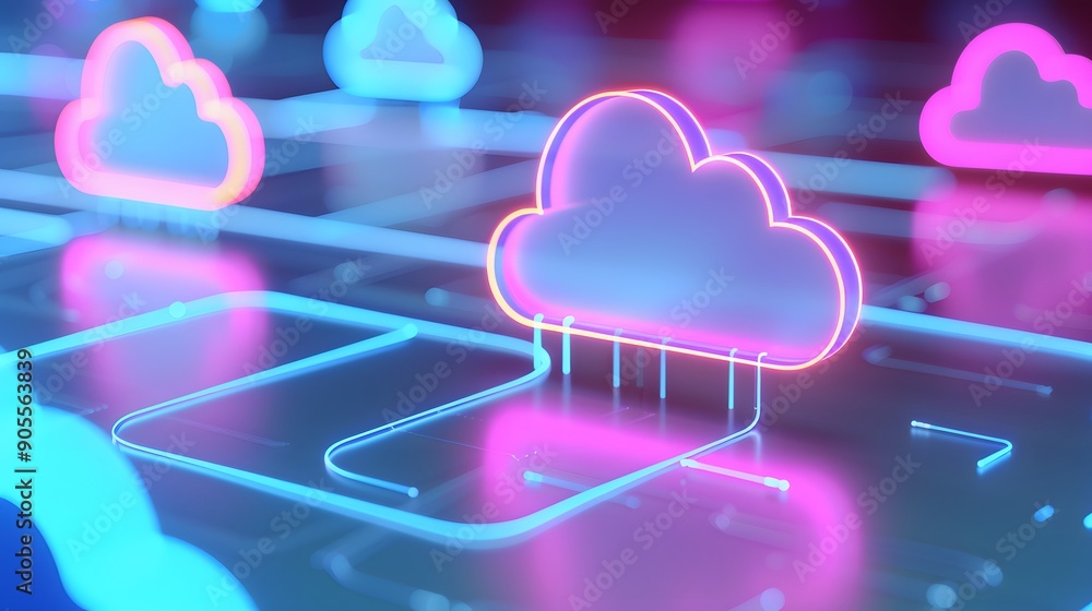 Aufkleber futuristic neon cloud computing concept with glowing icons and network connections, representing mod