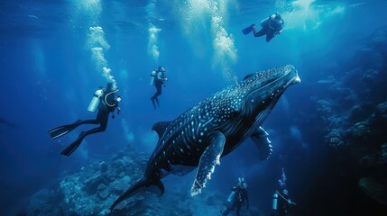Obraz premium Group of students diving in the underwater coral reef sea with a large whale.