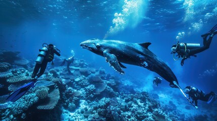 Group of students diving in the underwater coral reef sea with a large whale.