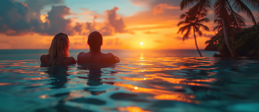 Sunset escape and couple relaxing on lounge chairs by the Infinity pool overlooking the ocean