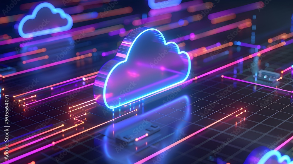 Poster futuristic neon cloud computing technology concept with glowing lines and digital interface on black