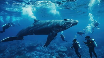 Group of students diving in the underwater coral reef sea with a large whale.