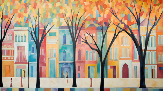 Colorful naive art depicting autumn streets in a vibrant city
