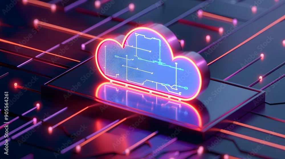 Poster futuristic neon cloud icon representing cloud computing and digital data storage on a glowing circui