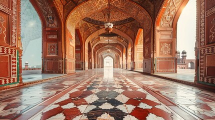 Interior details of the Badshahi Mosque in Lahore Pakistan with the sky visible