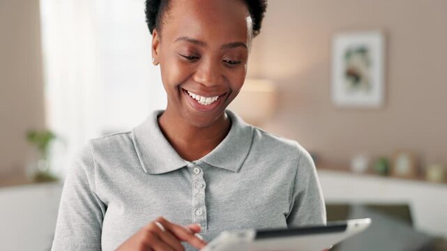Caregiver, woman and smile with scroll on tablet for patient schedule and health report at retirement home. Female person, volunteer and internet for research on elderly care, medical support or help