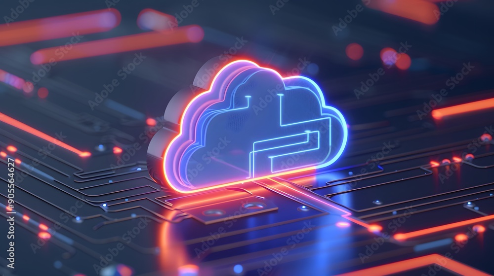 Poster futuristic neon cloud symbol on a circuit board representing cloud computing technology and data sto