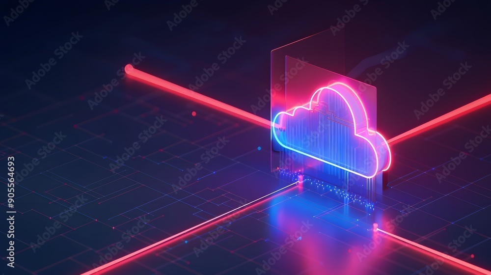 Poster futuristic neon cloud technology, digital data storage concept with glowing lines and cloud icon on 