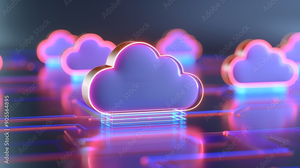 Poster futuristic neon clouds represent data storage, cloud computing, and digital technology in a modern n