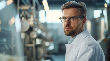Fototapeta premium Male nutritionist working to check the quality of pet food in a pet food factory.