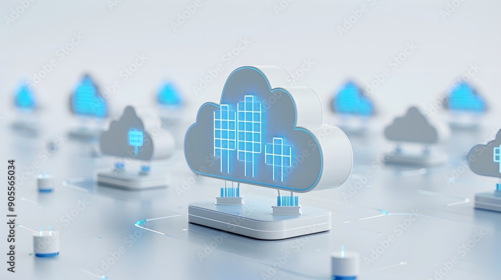 Poster futuristic representation of cloud computing technology with illuminated cloud icons. conceptual ima