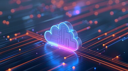Futuristic representation of cloud computing technology with vibrant neon lights, symbolizing data transfer and digital connectivity.
