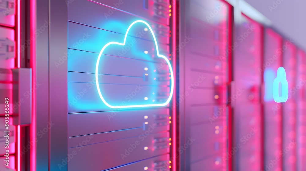 Poster futuristic server room with glowing neon cloud icons representing cloud computing and data storage s