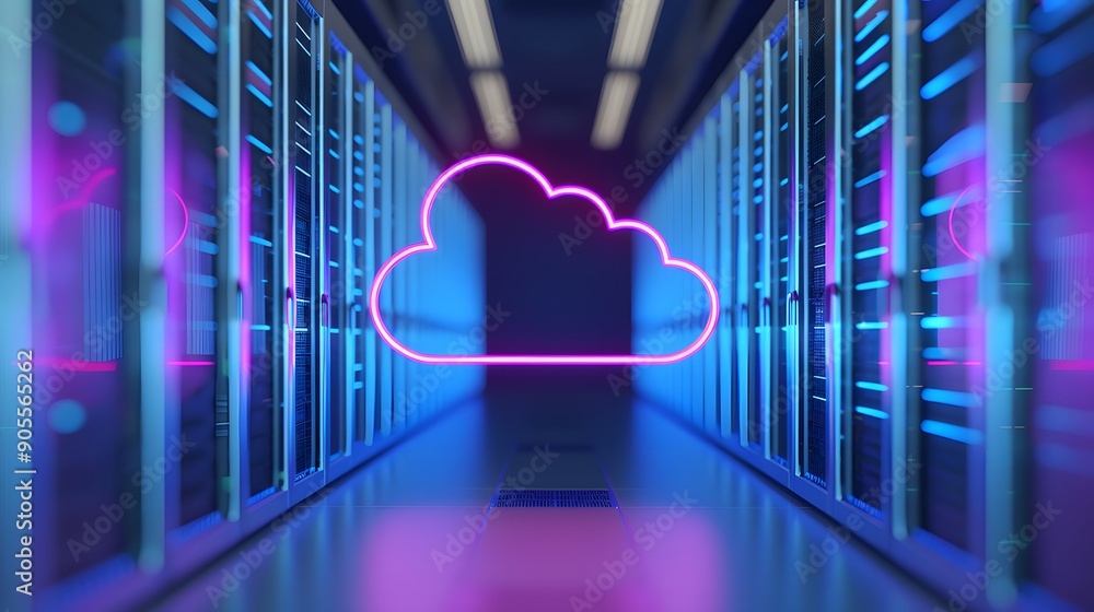 Poster futuristic server room with glowing neon cloud, representing modern cloud computing and data storage