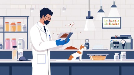 Male nutritionist working to check the quality of pet food in a pet food factory.