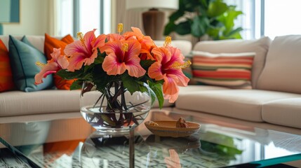 A striking arrangement of pink hibiscus flowers in a clear vase sits on a stylish coffee table in a cozy living room with colorful cushions and vibrant decor.