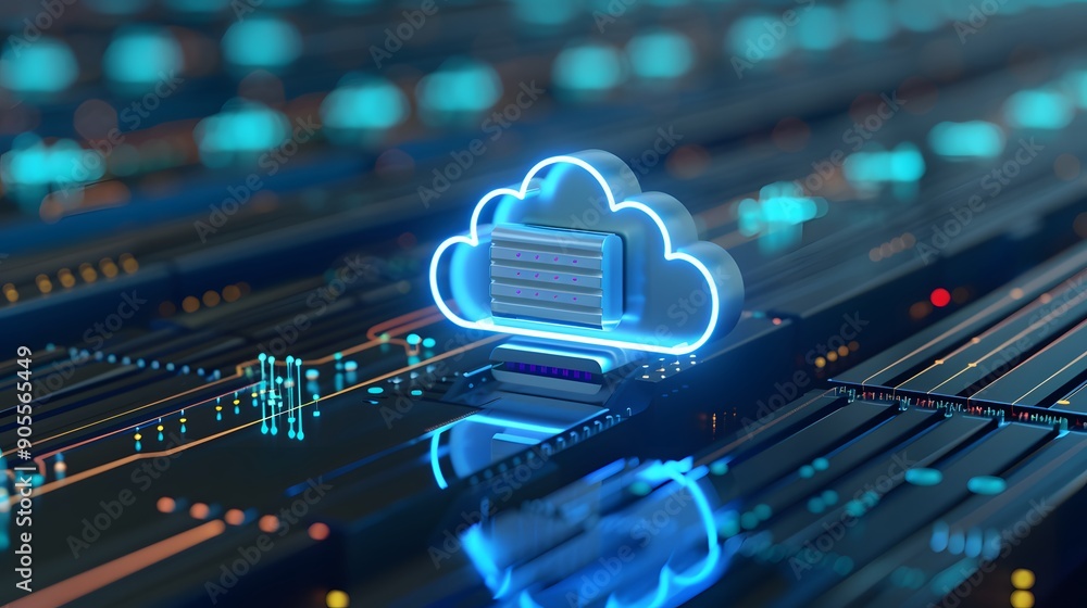 Poster futuristic visual of cloud computing technology, data center, and server hardware infrastructure for