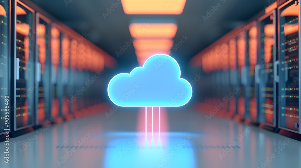 Aufkleber glowing cloud icon in a futuristic data center hallway, representing cloud computing and digital sto