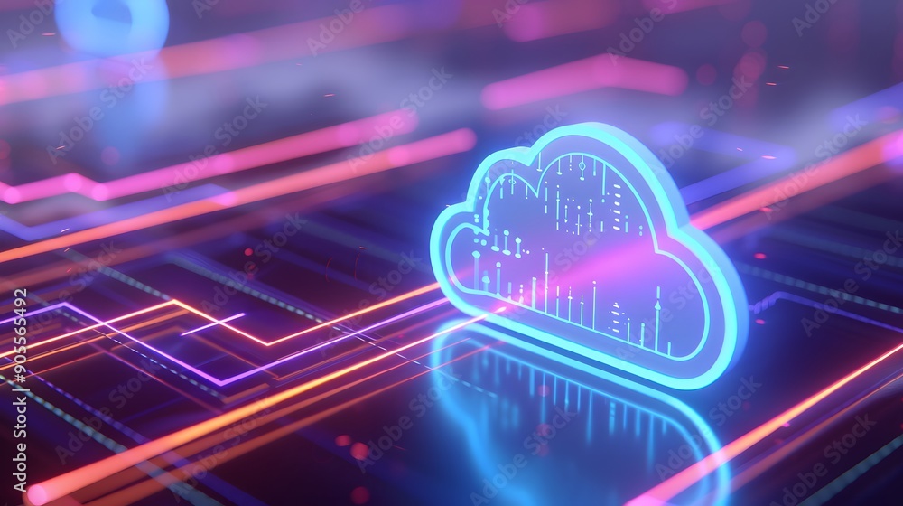 Poster glowing cloud icon representing cloud technology and data management amidst a digital neon circuit b