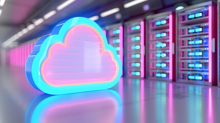 Fototapeta premium Glowing cloud icon in futuristic data center with neon lights and server racks, representing cloud computing and data storage technology.
