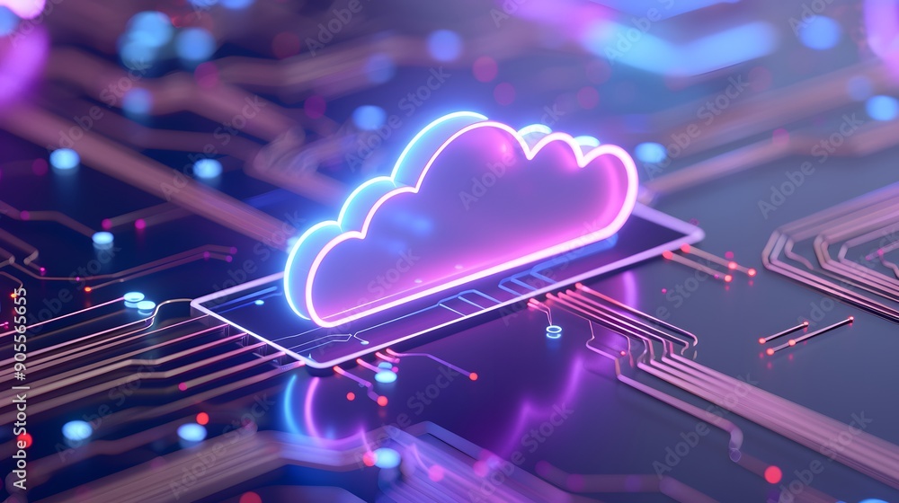 Poster glowing neon cloud on a circuit board symbolizing cloud computing technology and digital data storag
