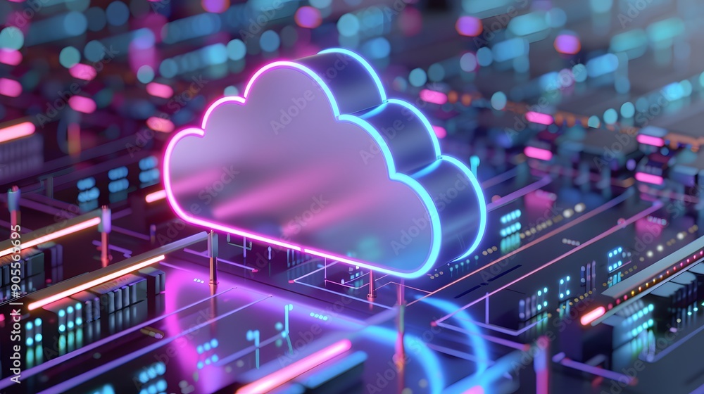 Poster high-tech visualization of cloud computing, showcasing a digital neon cloud over an intricate circui