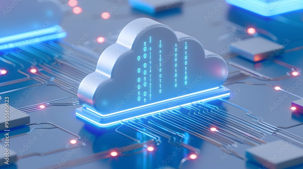 Poster innovative cloud computing technology concept with a glowing cloud symbol on a futuristic circuit bo