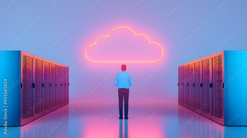 Poster man standing in data center, looking at neon cloud symbol, representing cloud computing and modern d