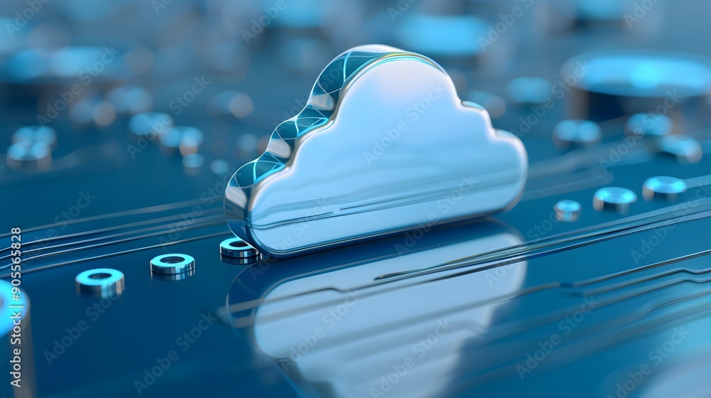 Poster metallic cloud symbol on a futuristic circuit board, representing cloud computing technology and dig