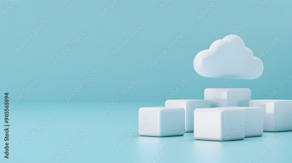 Poster minimalist scene with a white cloud hovering over white cubes on a blue background symbolizing cloud