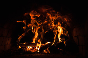 Oven with burning fire. Close-up, Background