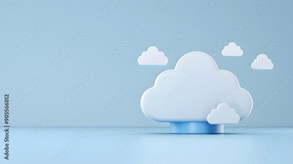 Poster minimalistic cloud computing concept with white cloud shapes on a light blue background, symbolizing