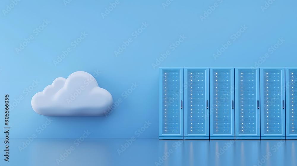 Poster modern cloud computing concept with blue server racks and a white cloud icon on a blue background, r