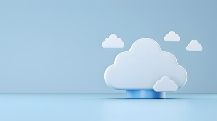 Minimalistic cloud computing concept with white cloud shapes on a light blue background, symbolizing digital storage and online data solutions.
