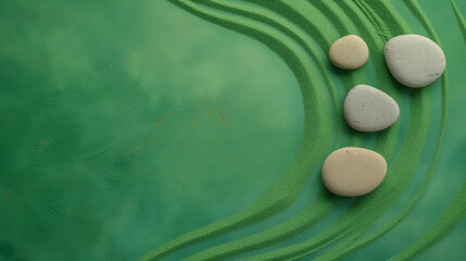 Harmonious green background featuring smooth stones and textured sand, ideal for relaxation and nature themes.