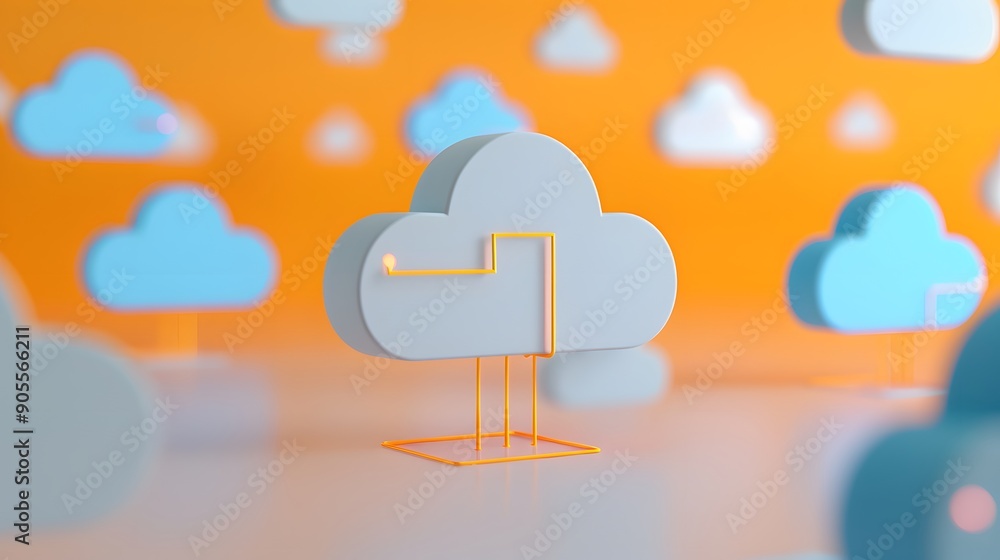 Poster modern cloud technology concept with blue and white cloud icons representing data storage and comput