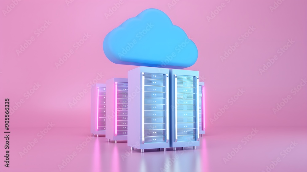 Poster modern data center infrastructure with cloud technology on pink background, symbolizing digital stor