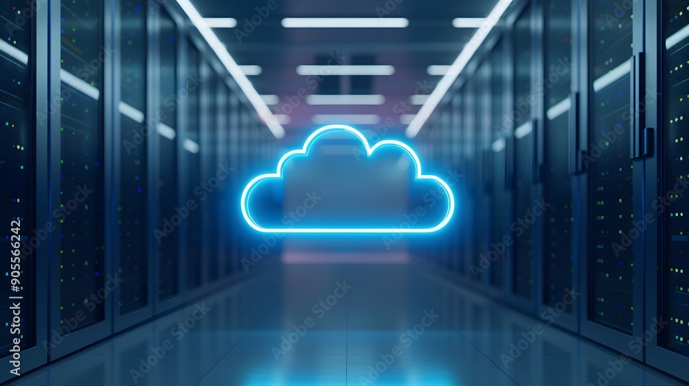 Poster modern data center network with cloud computing technology. digital servers and data management infr