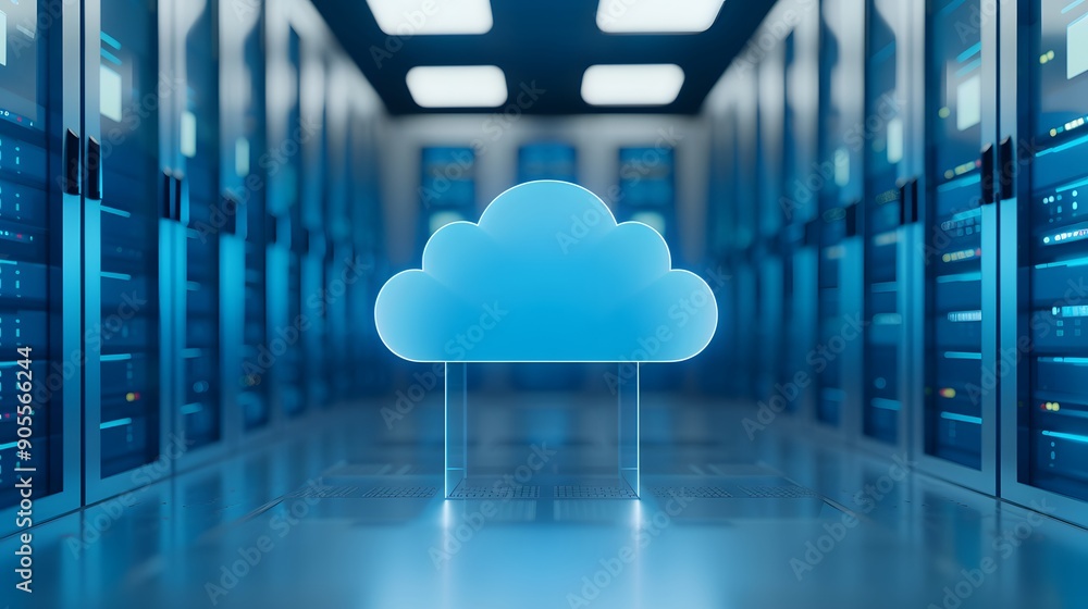 Poster modern data center server room with cloud storage icon, representing cloud computing and technology 
