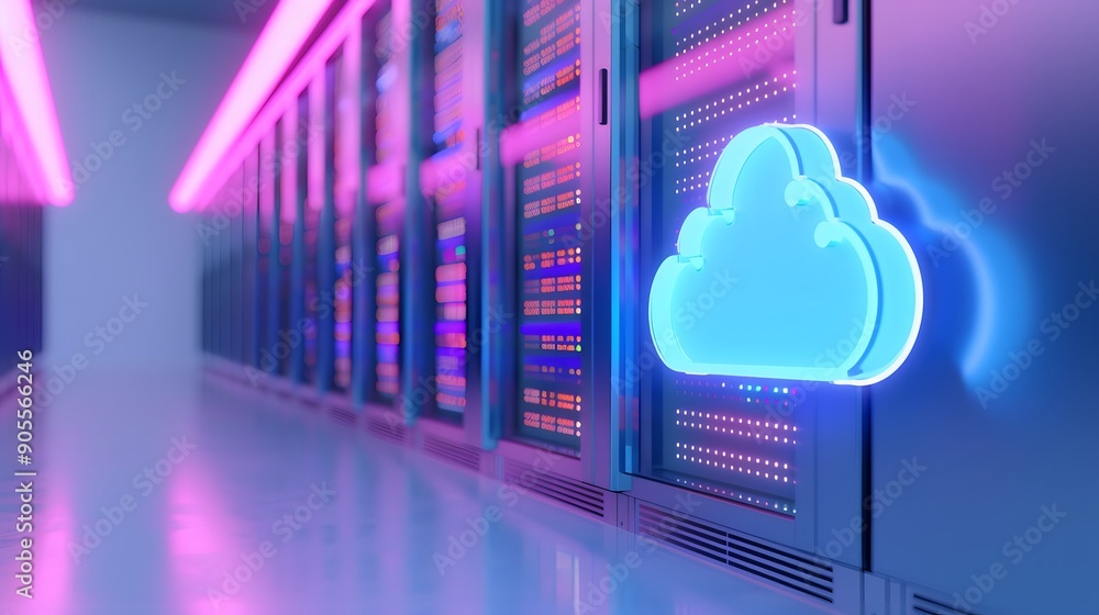 Poster modern data center server rack with cloud computing symbol. digital storage infrastructure and techn