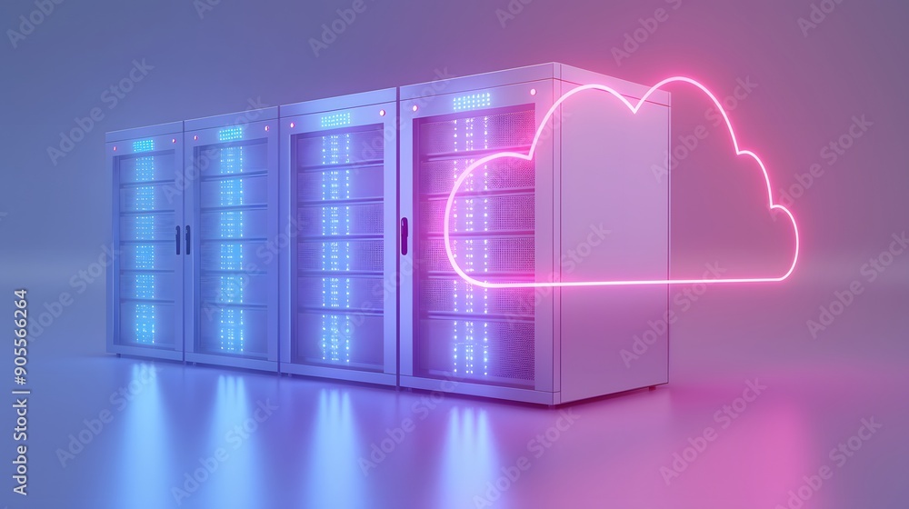 Poster modern data center servers with blue lights and a pink neon cloud symbolizing cloud computing and st