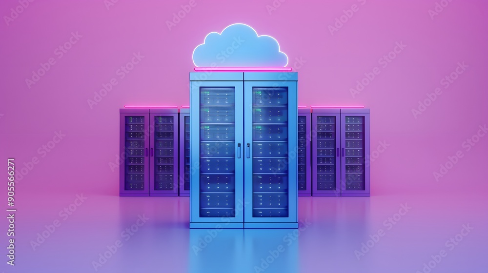 Poster modern data center servers with cloud icon. concept of cloud computing technology, data storage, and