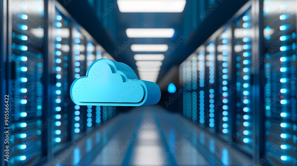 Poster modern data center with blue cloud icon, representing cloud computing and data storage solutions in 