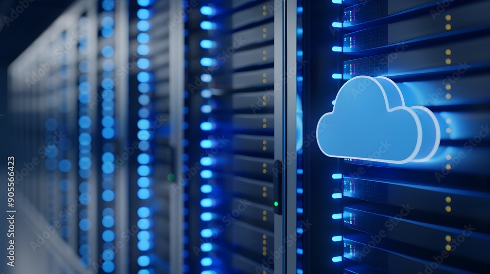 Poster modern data center with blue cloud symbol, showcasing server racks for cloud computing and data stor