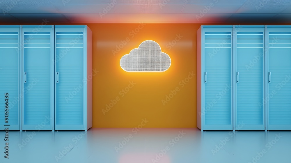 Poster modern data center with blue server racks and a glowing cloud icon on an orange wall, signifying clo