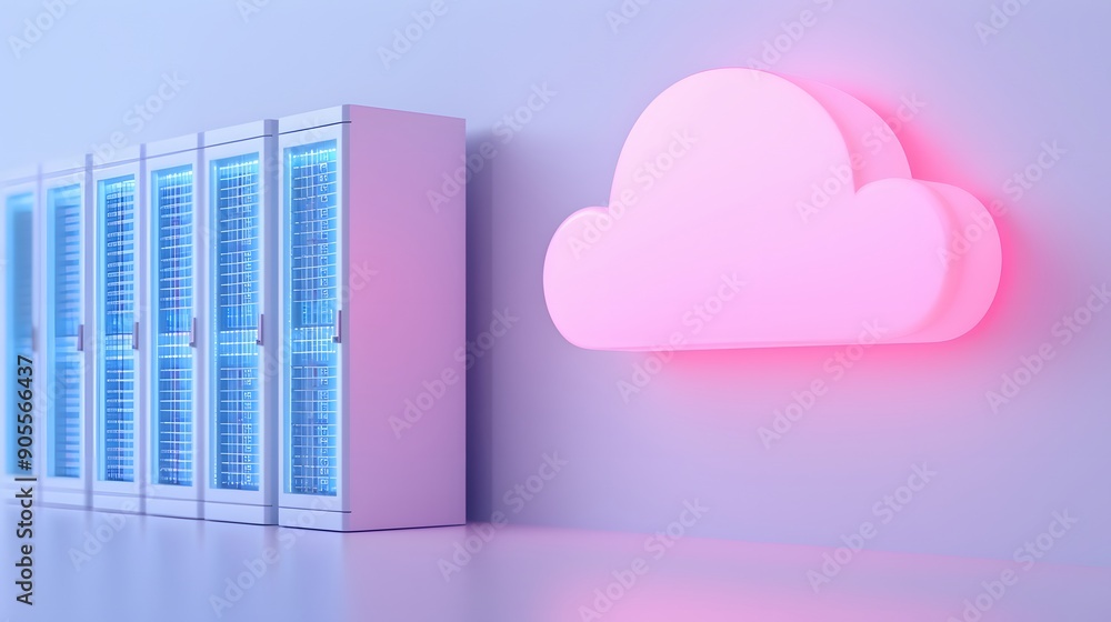 Poster modern data center with blue server racks and a pink cloud icon, symbolizing cloud computing and dat