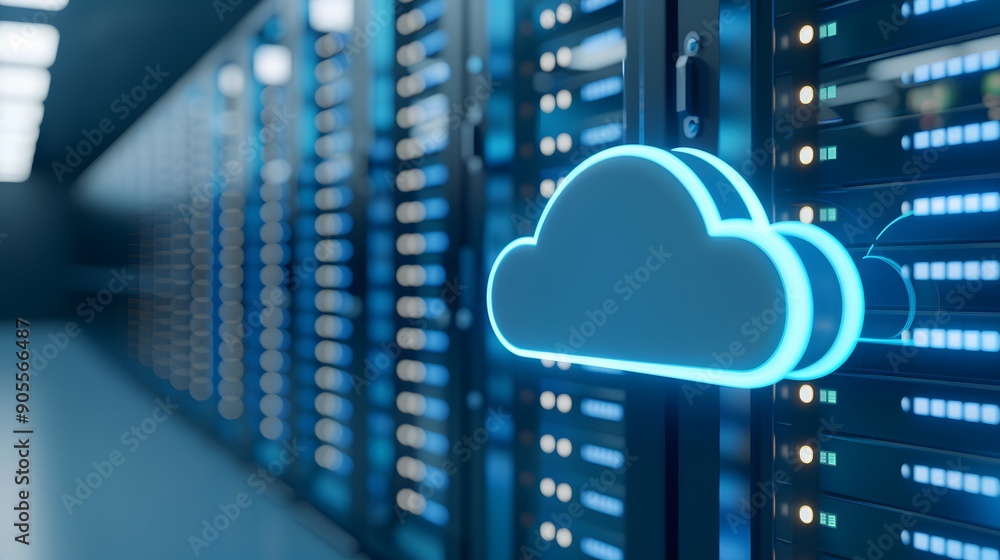 Poster modern data center with cloud computing icon, highlighting network storage and digital connectivity 