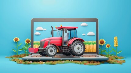 Naklejka premium 3D illustration of tractor, smart farming concept on laptop online farm management Online farming control technology